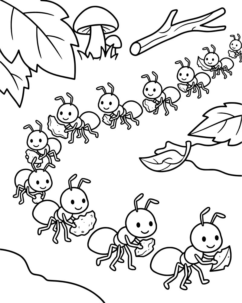 A line of cartoon ants carrying food crumbs past mushrooms, leaves, and a stick on the forest floor.