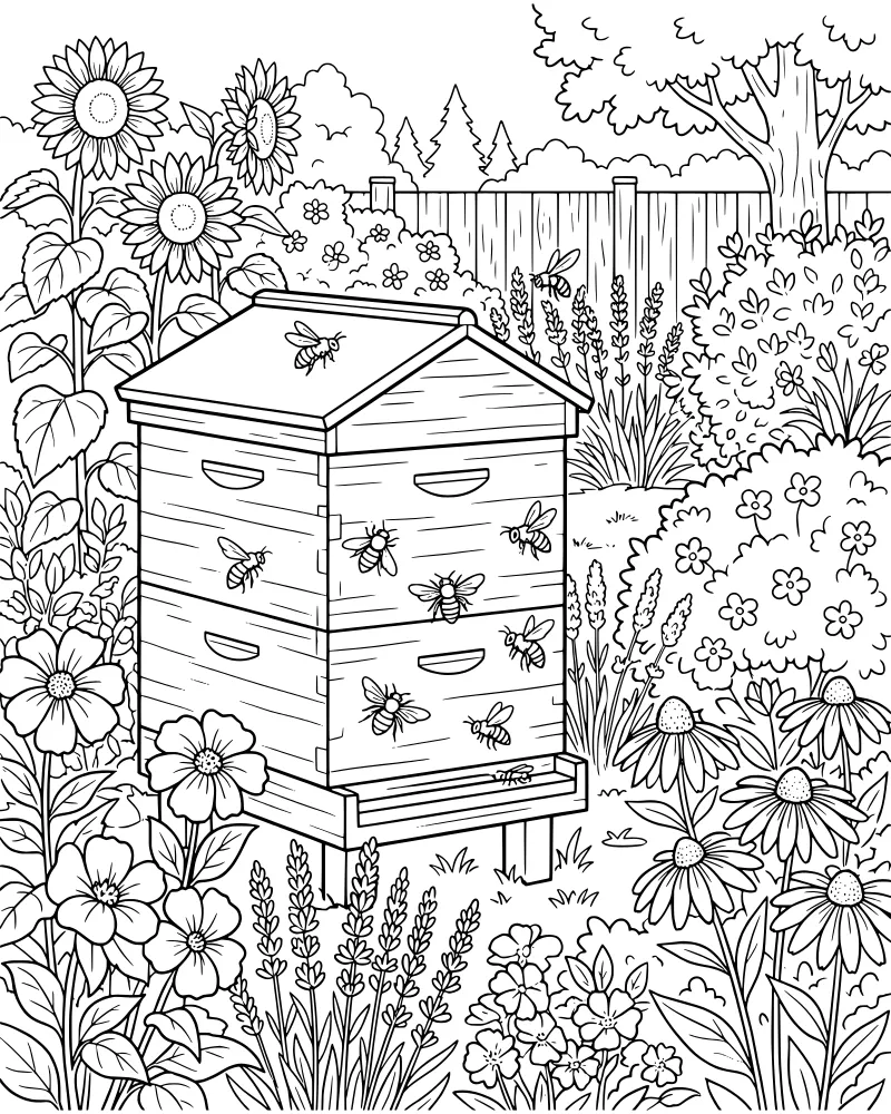 Cartoon beehive surrounded by sunflowers, lavender, and flying bees in a garden with a wooden fence.
