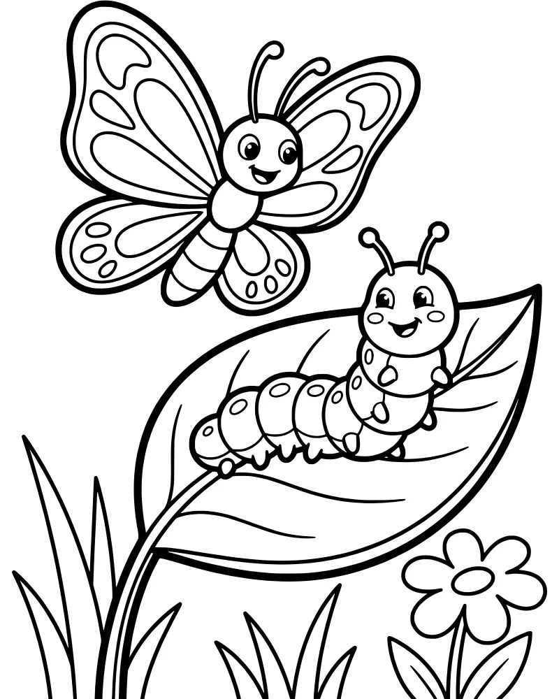 A cartoon butterfly flying above a smiling caterpillar on a leaf with grass and a flower.