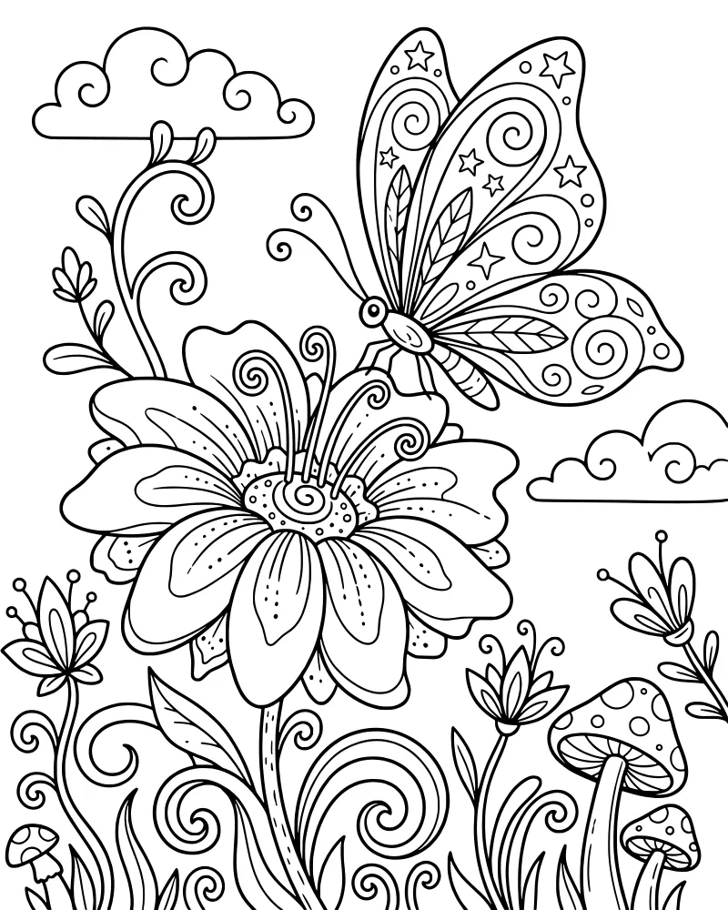 A cartoon butterfly perched on a large flower in a garden with mushrooms, smaller flowers, vines, and decorative clouds.