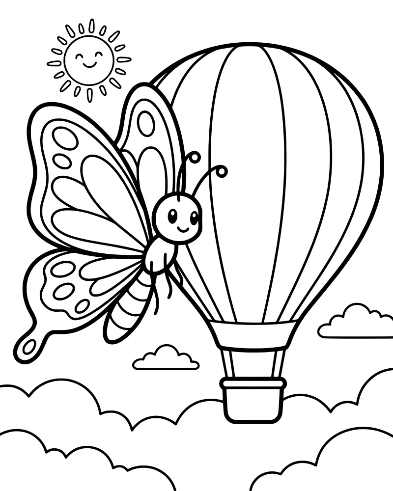 A cartoon butterfly flying next to a hot air balloon with a smiling sun and clouds in the sky.