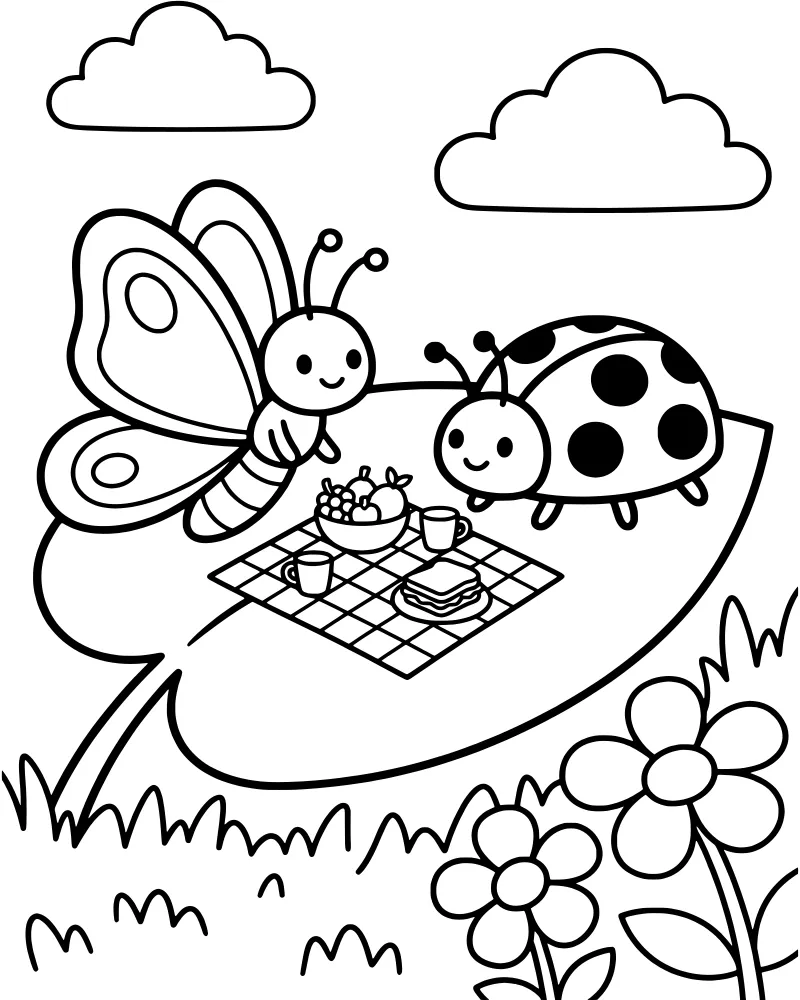 A cartoon butterfly and ladybug sitting on a picnic blanket spread over a large leaf with a sandwich and fruit bowl in a garden.