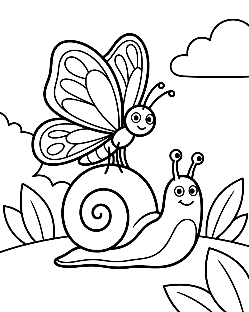 A cartoon butterfly with patterned wings sits on the spiral shell of a smiling snail on a ground with large leaves under a cloudy sky.