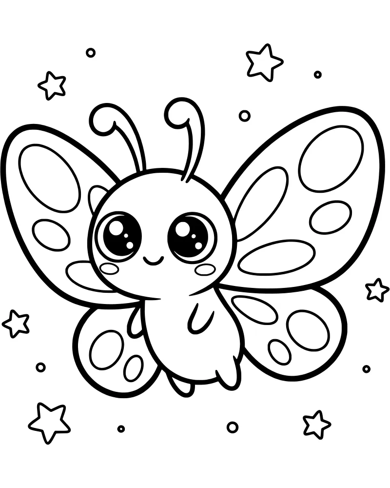A cute cartoon butterfly with large eyes and a smile flying among several stars in a night sky.