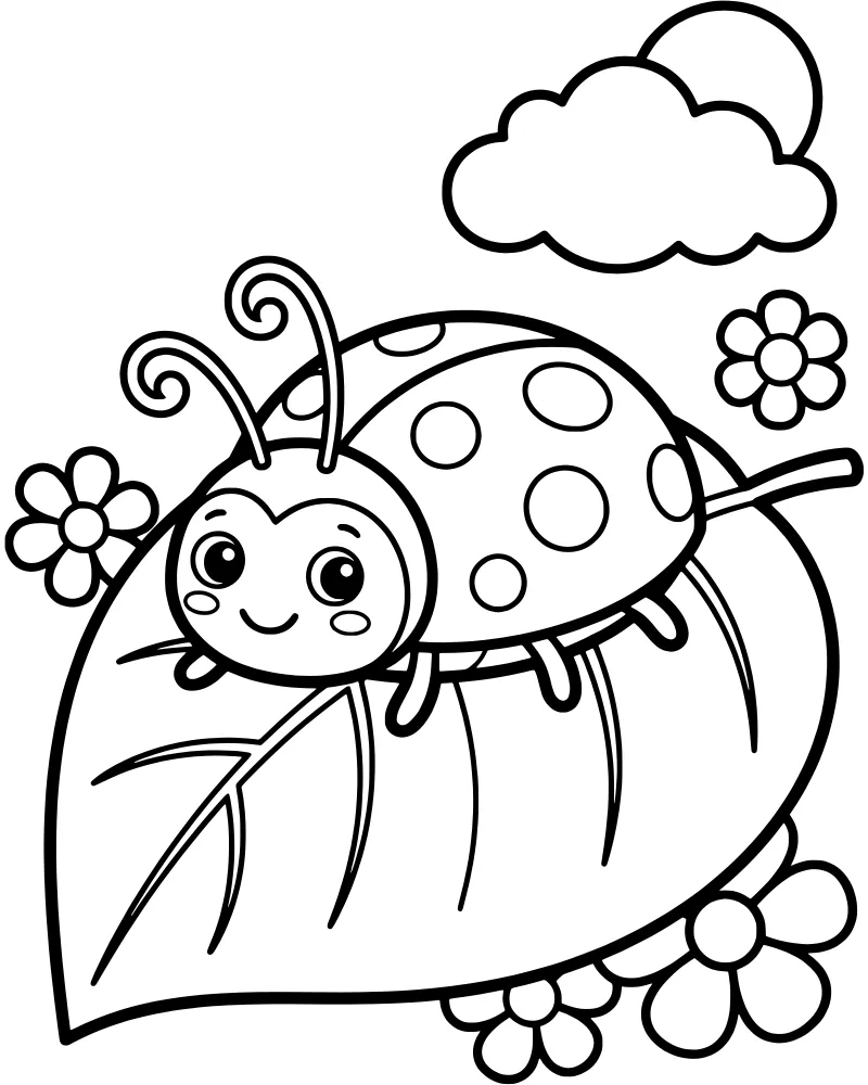 A cartoon ladybug with spots sitting on a large leaf surrounded by blooming flowers under a smiling sun and cloud.