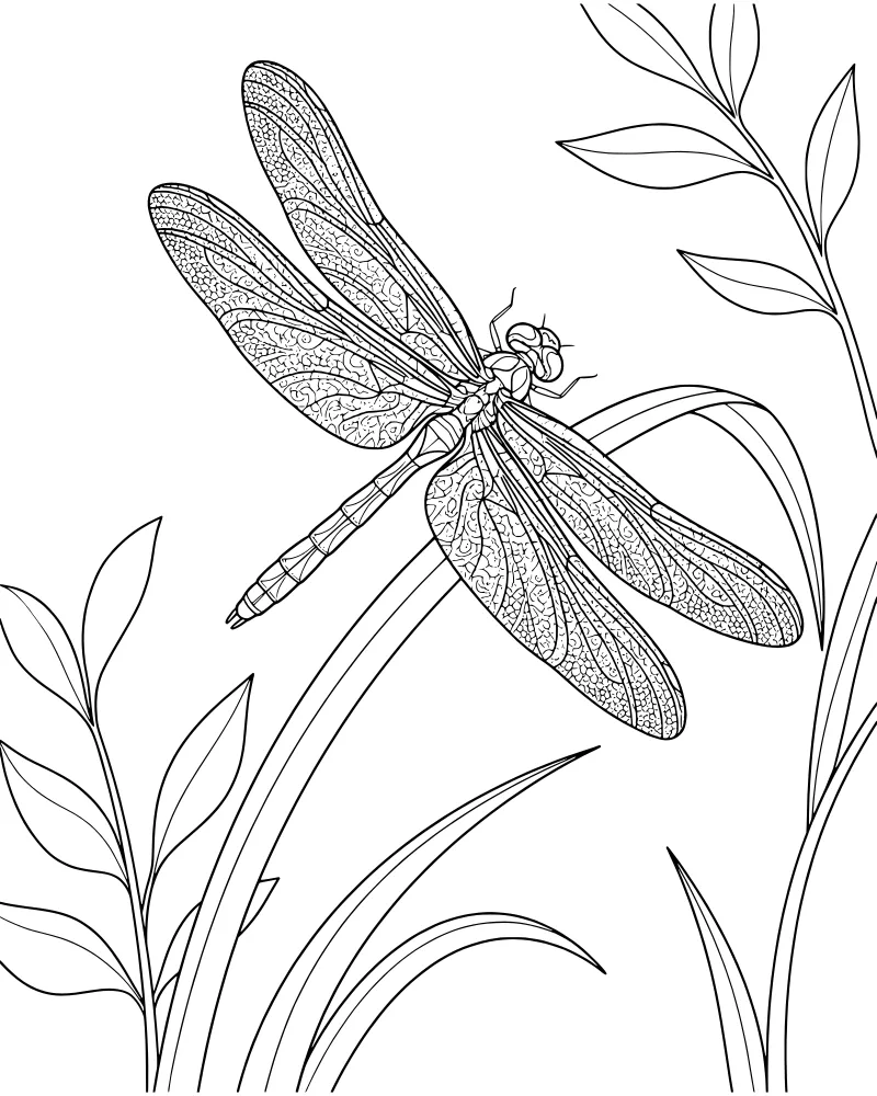 A detailed dragonfly with intricate wing patterns perched on a blade of grass surrounded by garden leaves and foliage.