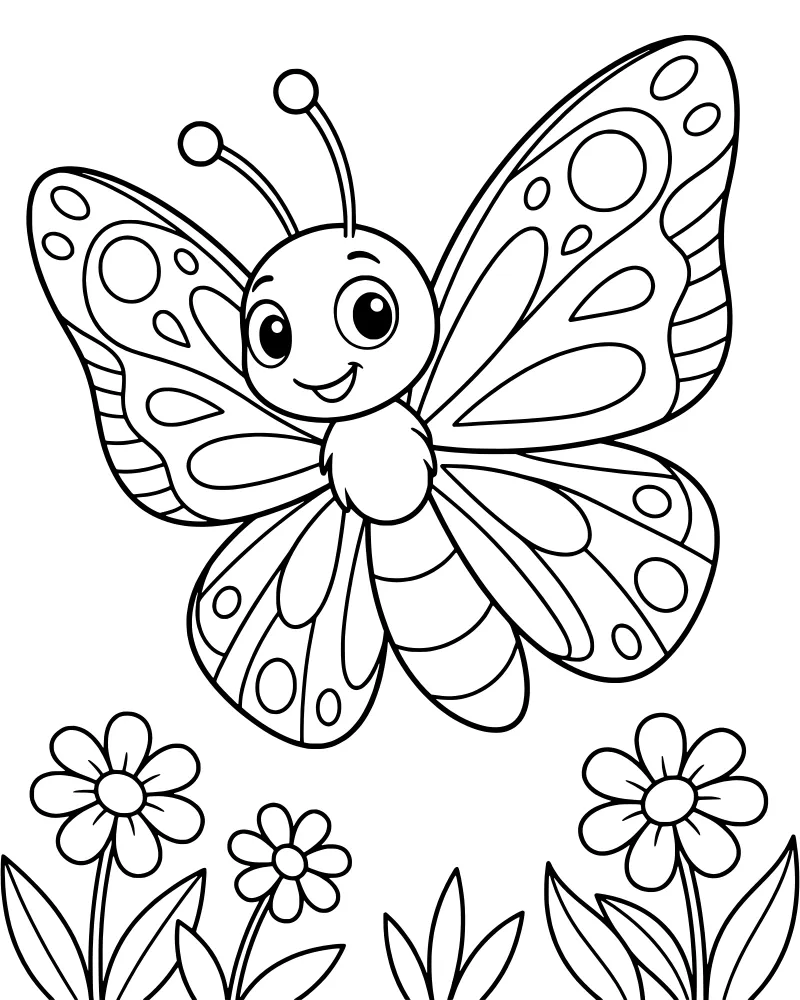 A smiling cartoon butterfly with patterned wings flying above a patch of several blooming flowers and blades of grass.