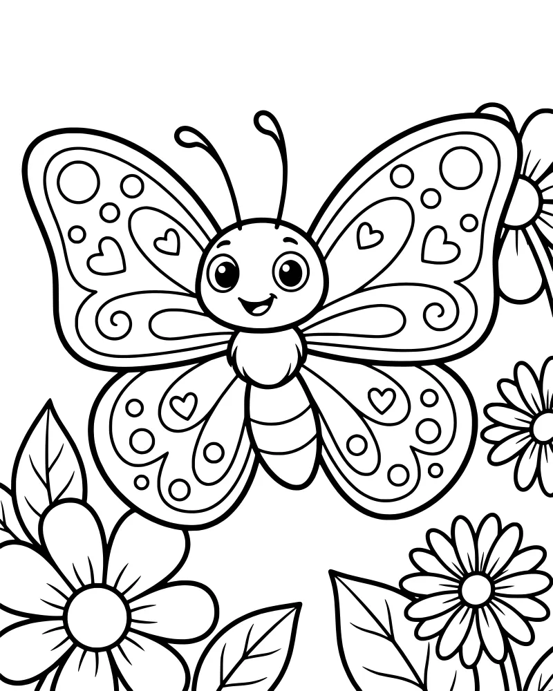 A cartoon butterfly with patterned wings surrounded by flowers, leaves, and hearts.