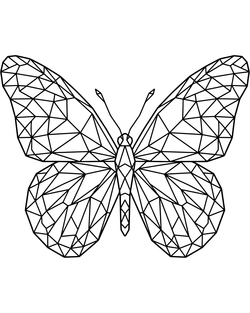 A detailed line art illustration of a butterfly designed with geometric triangles and polygons in a low-poly style.