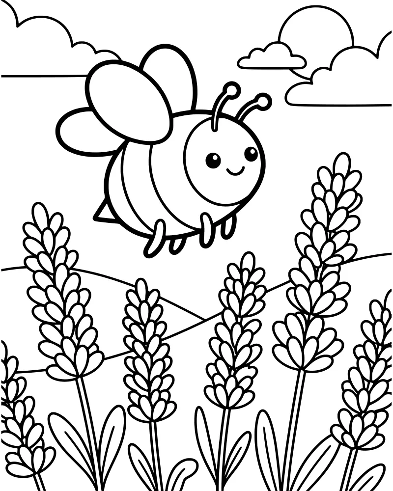 A cartoon bee with a smiling face flies over several stalks of lavender with rolling hills and a sun in the background.