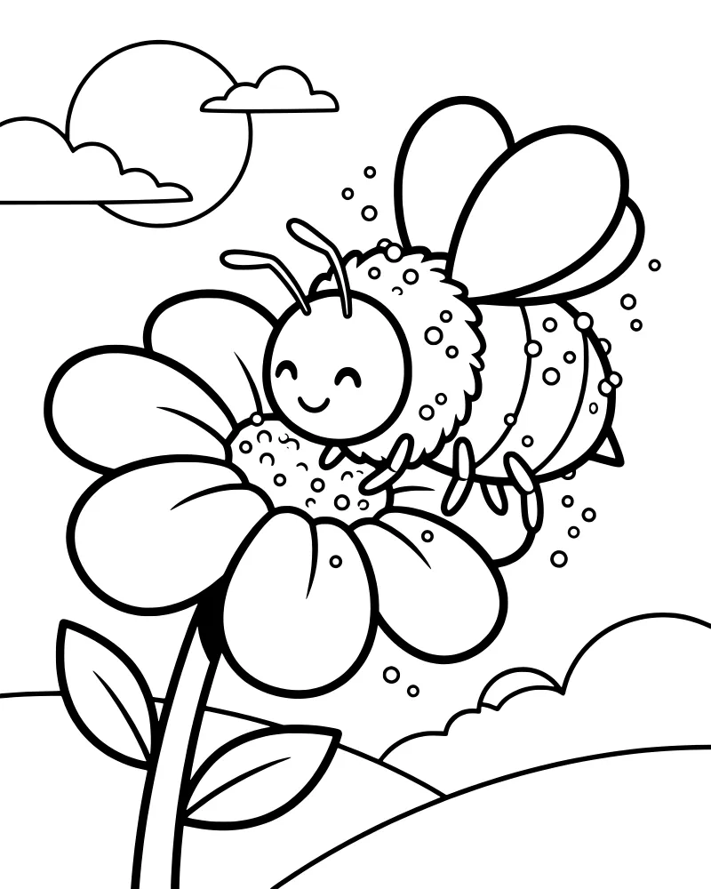 A cartoon bee with a happy face sits on a large flower with petals, a stem, and leaves, under a sun and clouds with hills in the background.