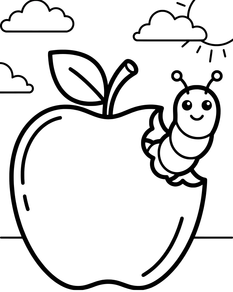 A cartoon caterpillar with a smiling face peeks out of a bite-sized hole in a large apple under a shining sun and clouds.
