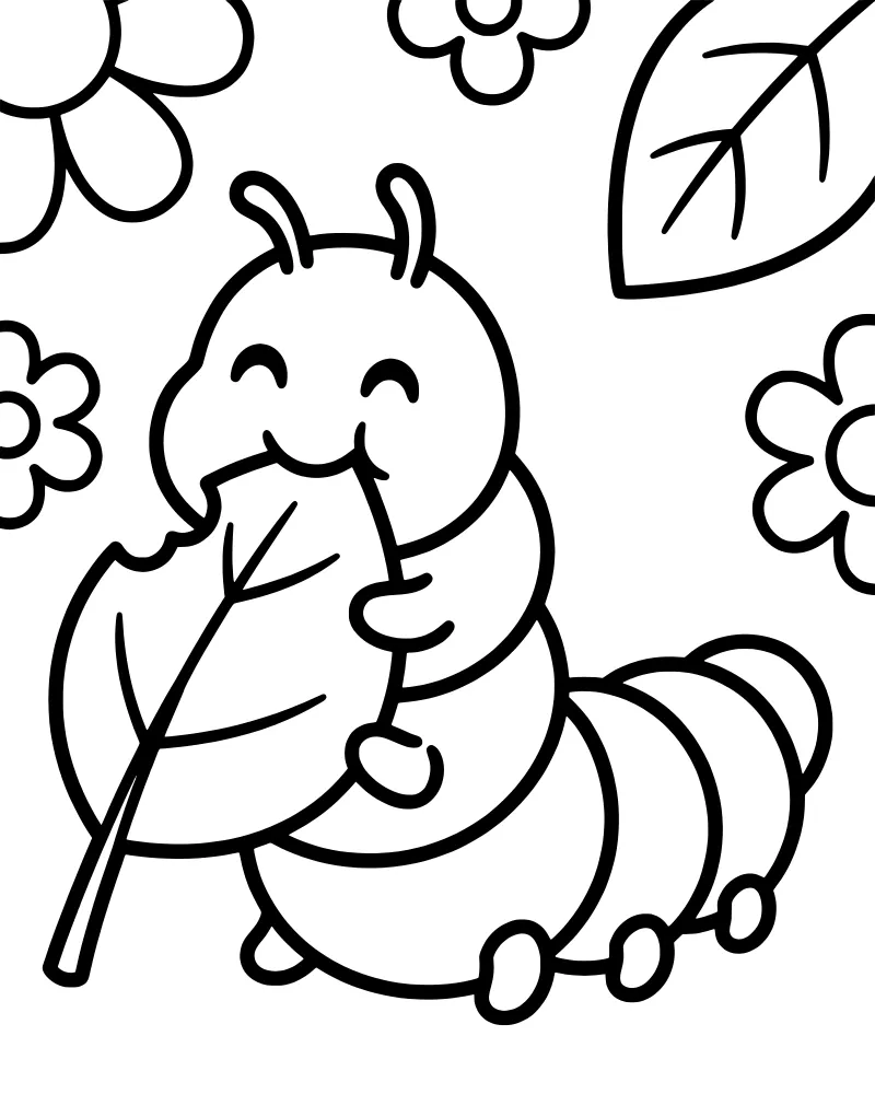 A cartoon caterpillar with a smiling face eating a large leaf surrounded by blooming flowers.