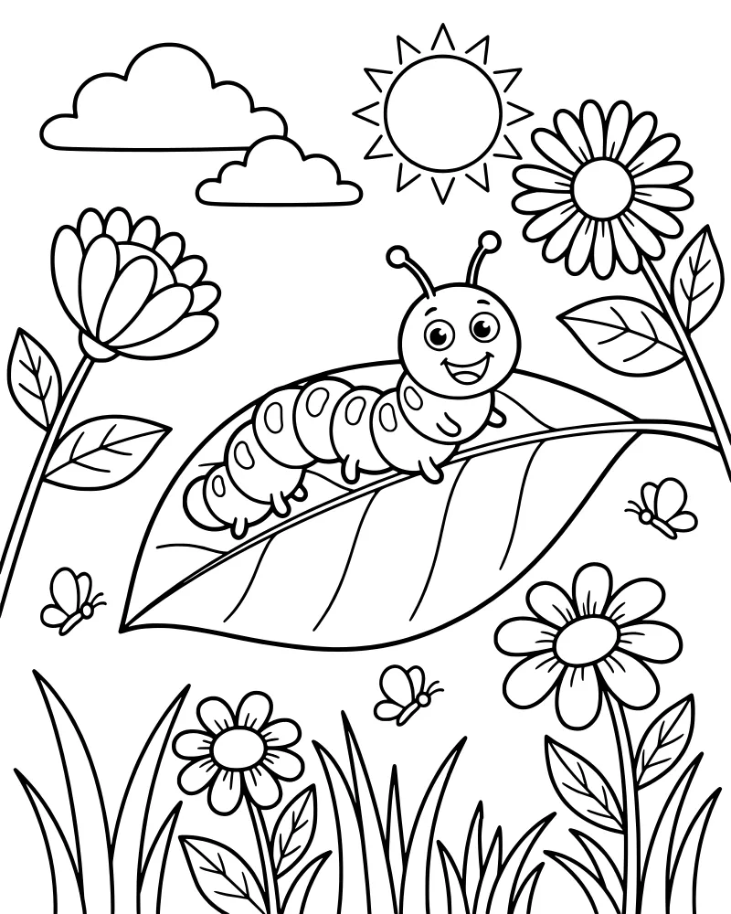 A cartoon caterpillar with a happy face sitting on a large leaf in a meadow with flowers, butterflies, and a smiling sun.
