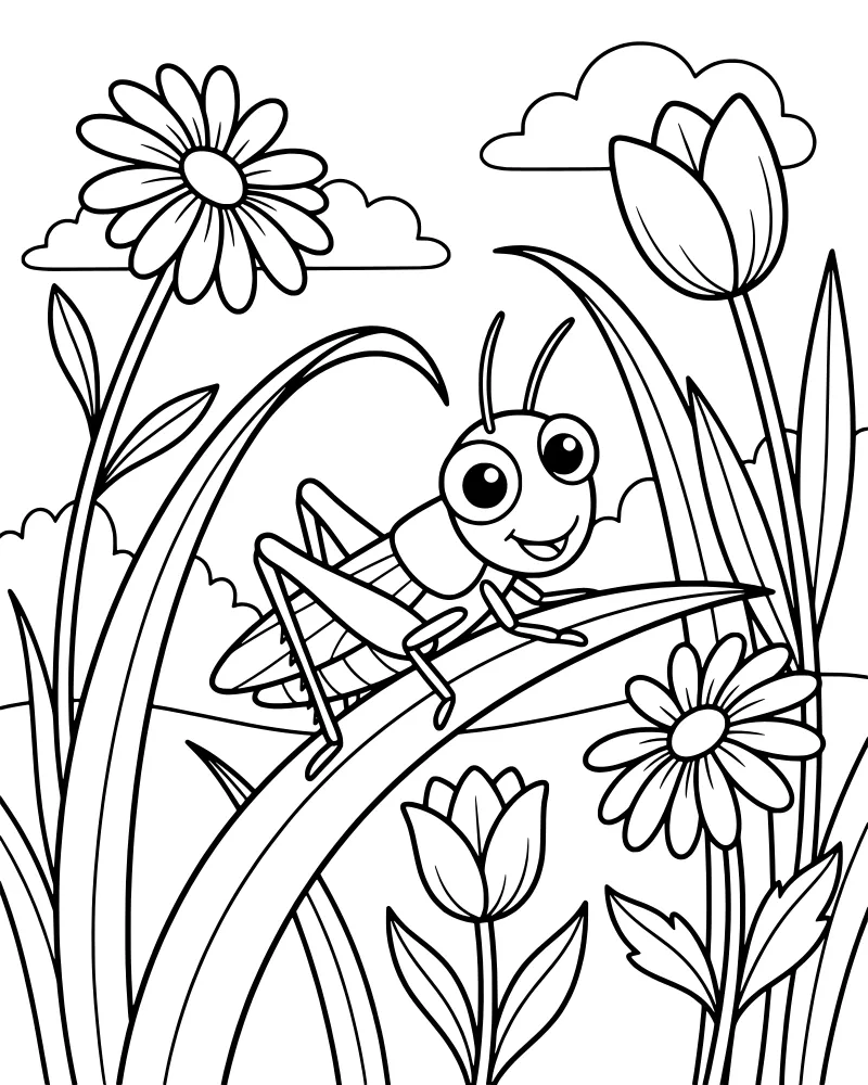 A cartoon grasshopper perched on a blade of grass in a garden with daisies, tulips, and clouds.