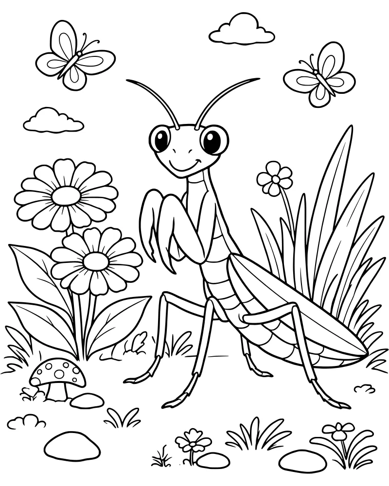 A friendly cartoon praying mantis standing in a garden with large flowers, a mushroom, and butterflies under a cloudy sky.