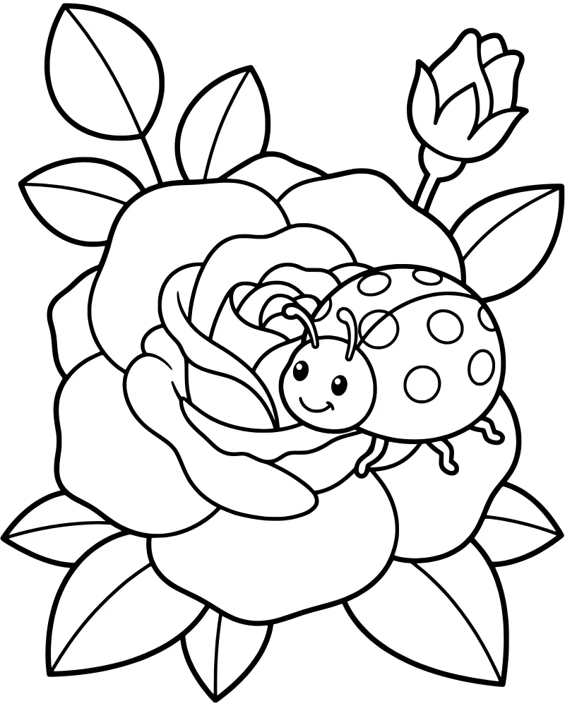 A cartoon ladybug with spots sitting on the petals of a large blooming rose with a rosebud and leaves nearby.