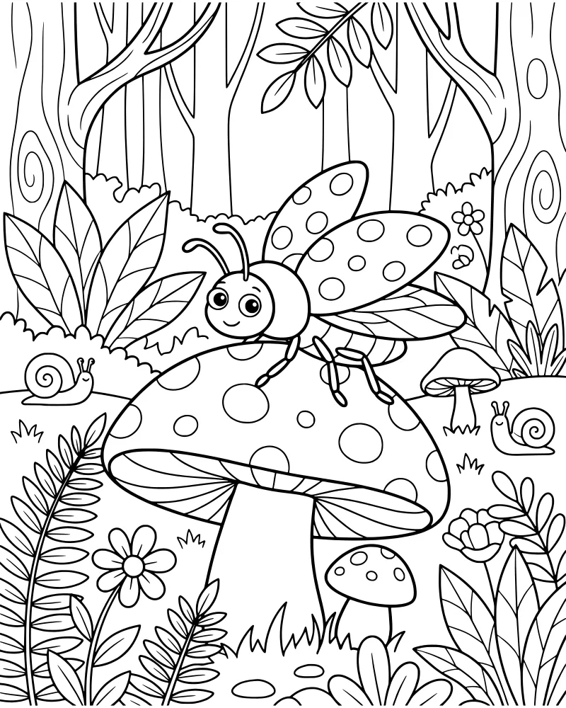 A cartoon ladybug sitting on a large mushroom in a forest with a snail, trees, and flowers.