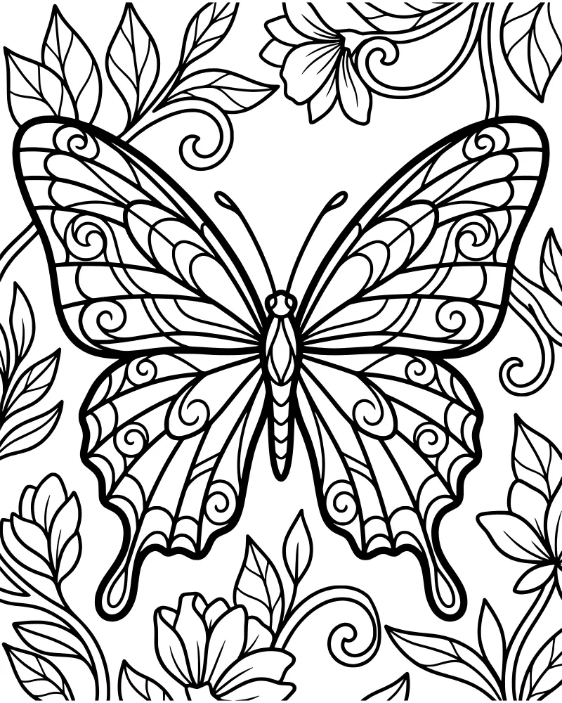 A highly detailed butterfly with patterned wings surrounded by flowers, leaves, and decorative swirls.
