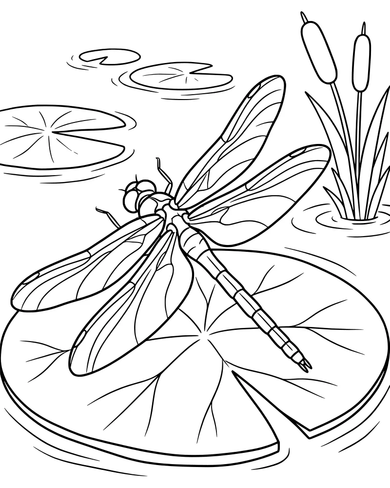 A cartoon dragonfly with large wings resting on a circular lily pad in a pond with cattails and reeds in the background.