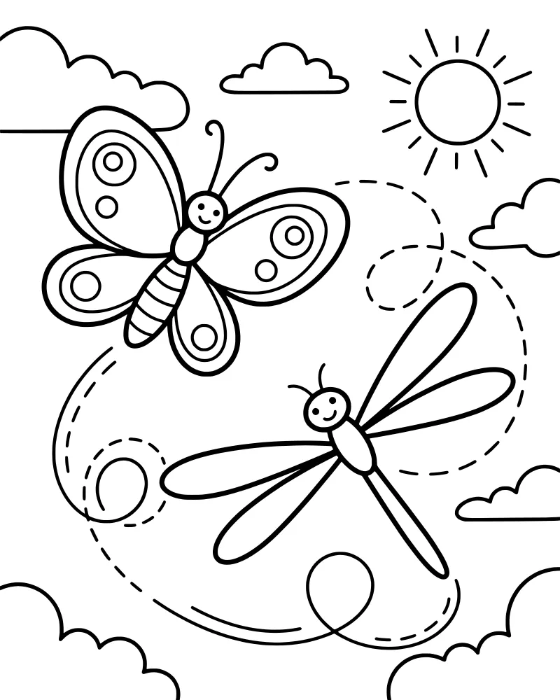 Cartoon butterfly and dragonfly flying in a sunny sky with clouds and dashed flight paths.
