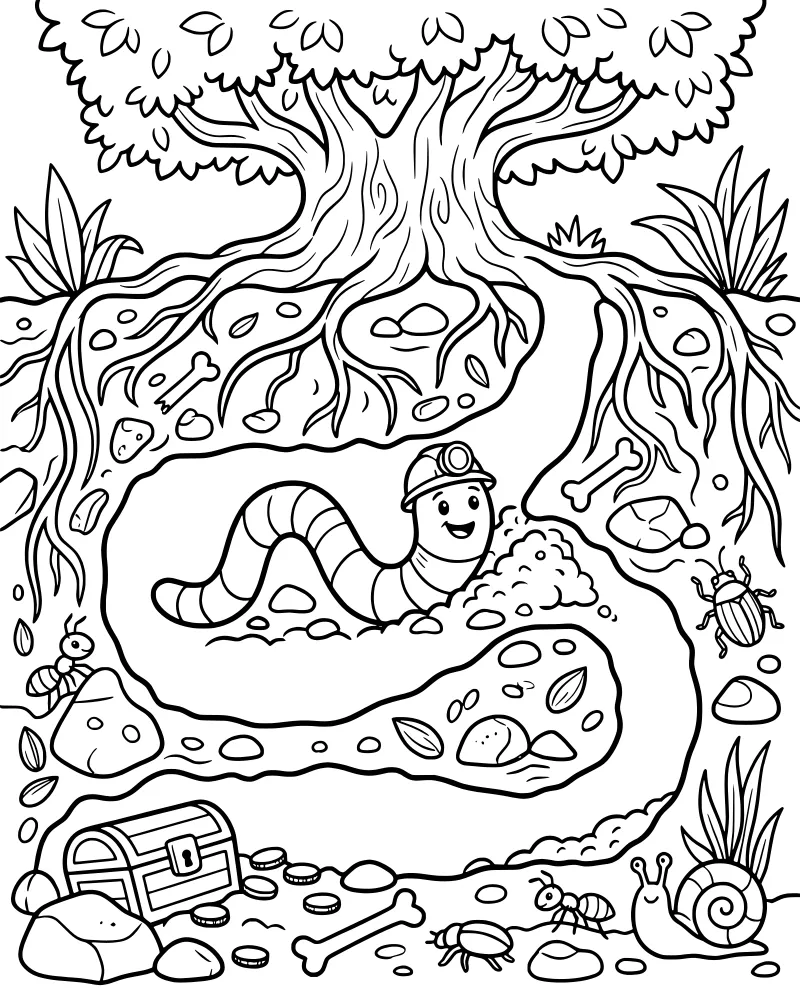 A cartoon worm wearing a miner's helmet digging through dirt near tree roots, bones, and a treasure chest filled with coins.