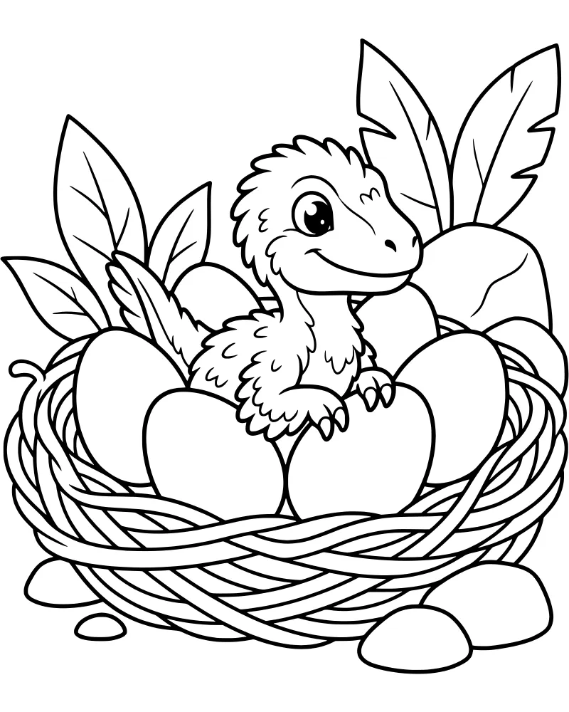 A cartoon baby dinosaur sitting in a straw nest with three large spotted eggs surrounded by tropical leaves and rocks.