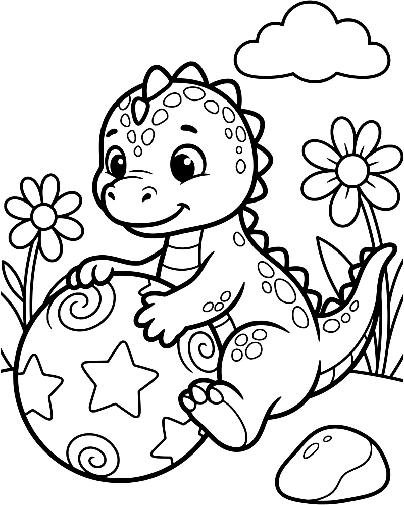 A cartoon baby dinosaur sitting next to a large egg with swirl patterns in a field of grass and flowers under a cloud and stars.