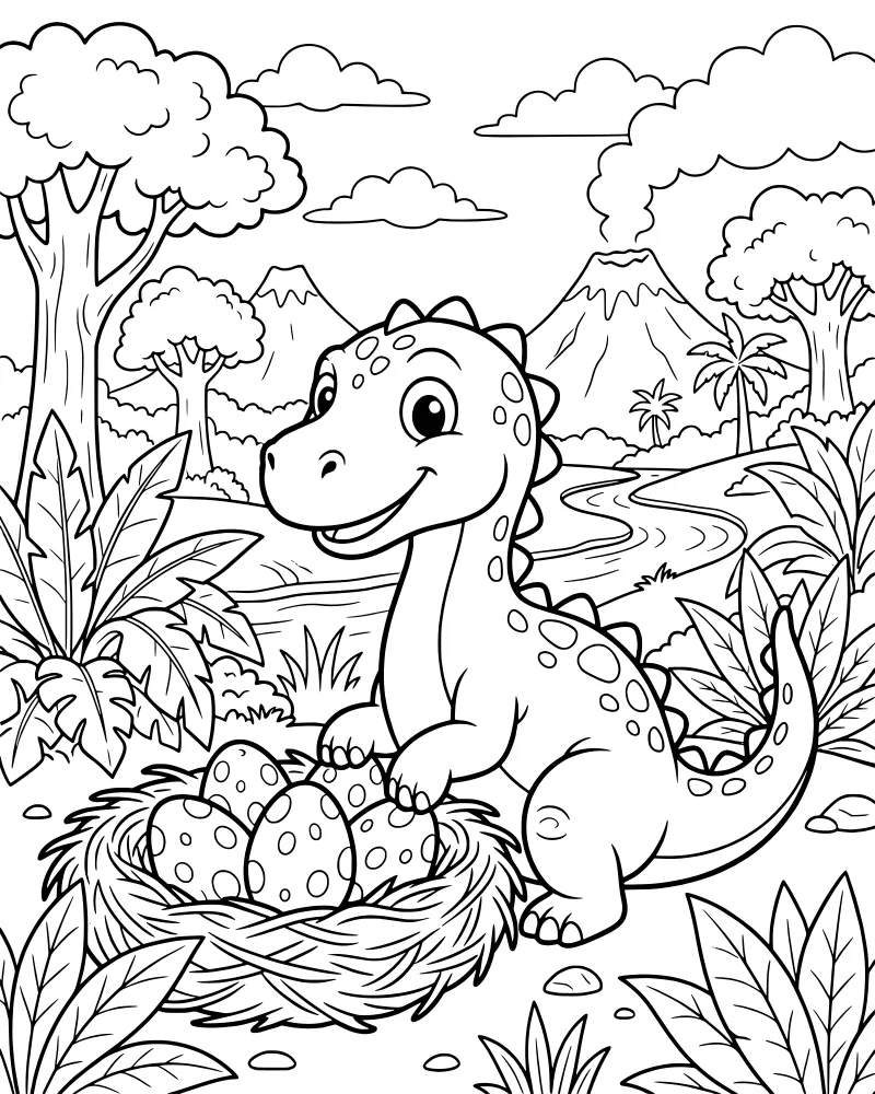 Cartoon baby dinosaur sitting next to its nest of eggs in a prehistoric landscape with a volcano and river.