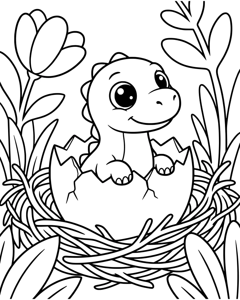 A cartoon baby dinosaur with a happy expression hatching from a cracked egg inside a nest of twigs and leaves next to a tulip.