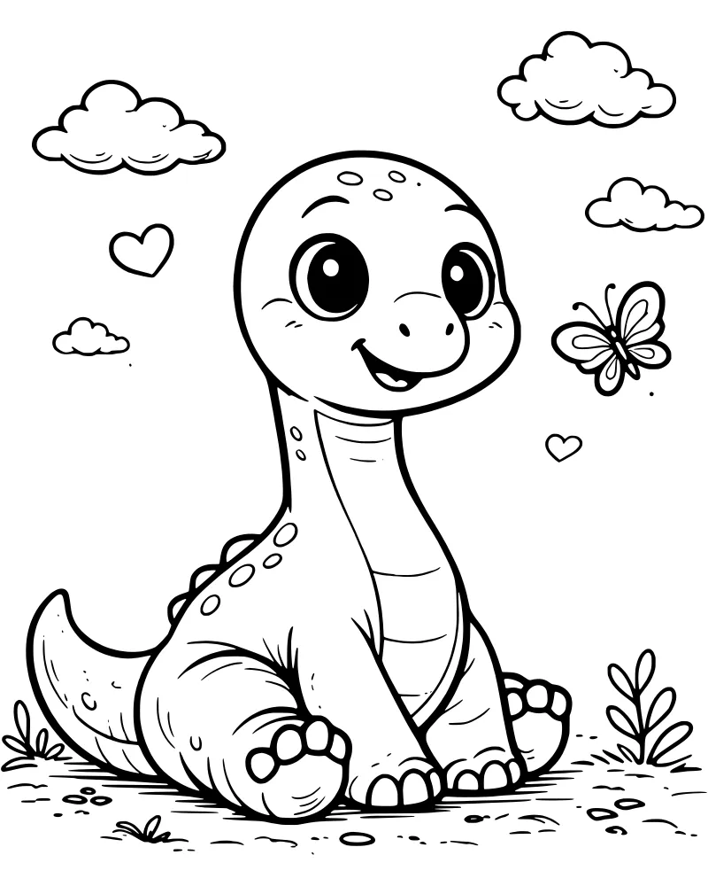 A cartoon baby dinosaur sitting on the ground with a butterfly, floating hearts, and clouds in the background.