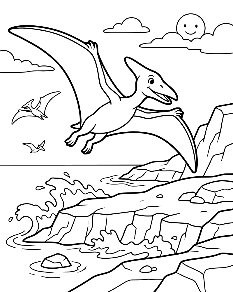 Cartoon pterodactyls flying over rocky cliffs and ocean waves under a smiling sun and clouds.