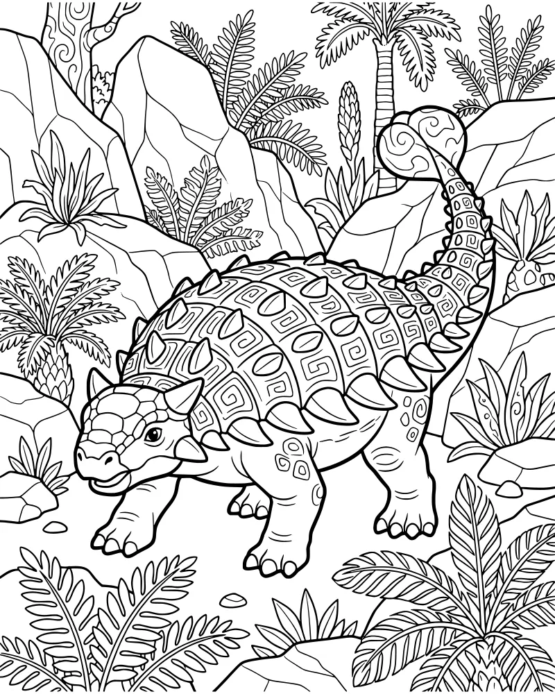 An armored Ankylosaurus dinosaur with a clubbed tail walking through a prehistoric landscape with palm trees, ferns, and rocks.
