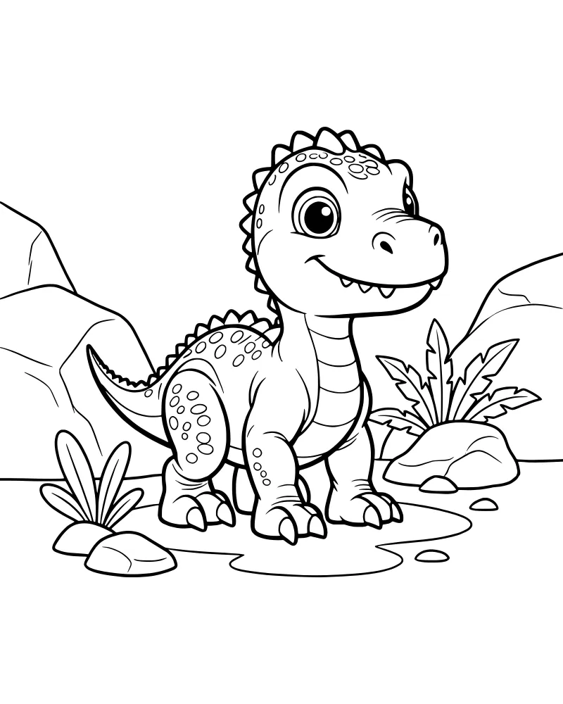 A cartoon baby dinosaur with round spots and spikes on its back stands smiling between rocks, plants, and small water puddles.
