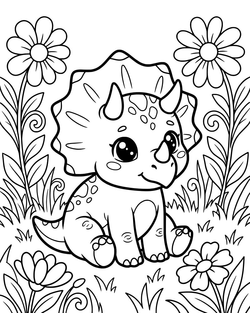 A cartoon baby triceratops sitting in a field of flowers and grass with vines and leaves in the background.