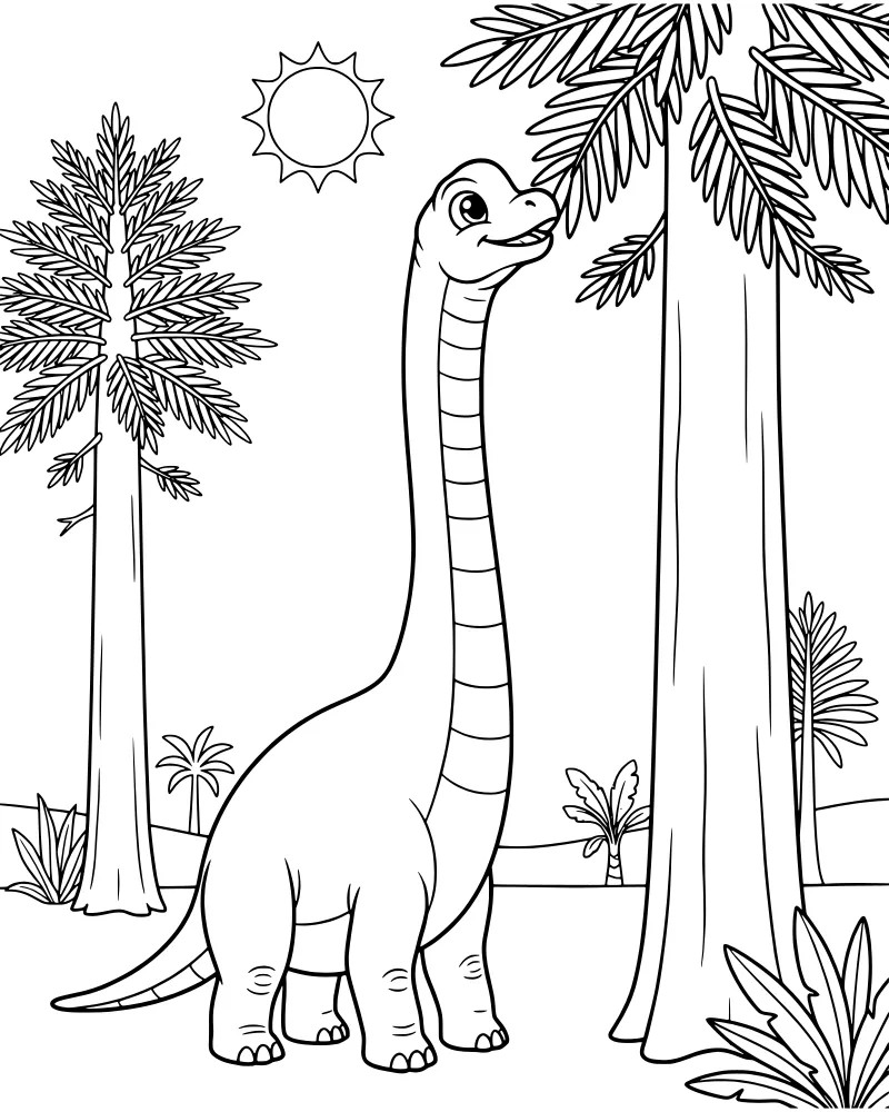 A cartoon Brachiosaurus dinosaur standing in a jungle with palm trees and a smiling sun.