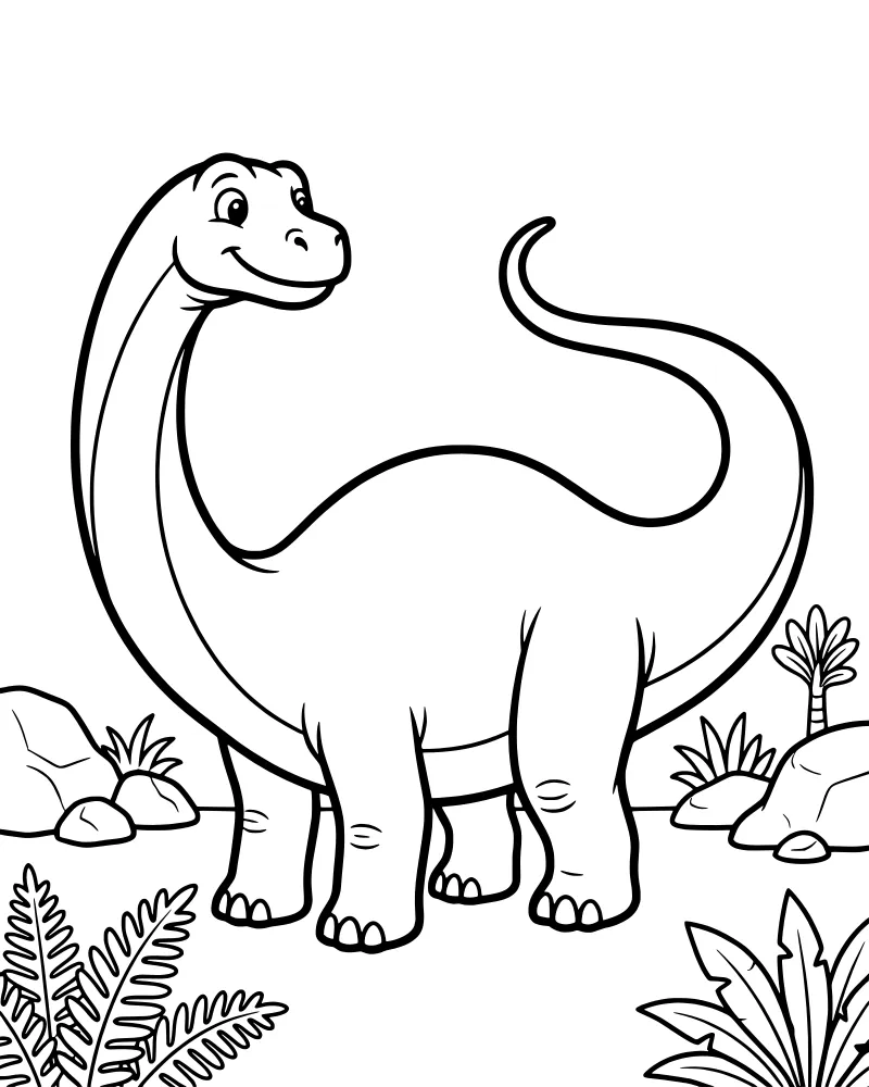 A cartoon Brontosaurus dinosaur standing in a prehistoric landscape with a palm tree, ferns, and rocks.
