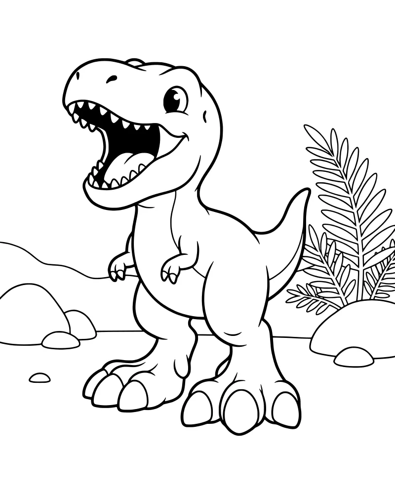 A cheerful cartoon Tyrannosaurus Rex stands with its mouth open in a landscape with rocks, ferns, and rolling hills.