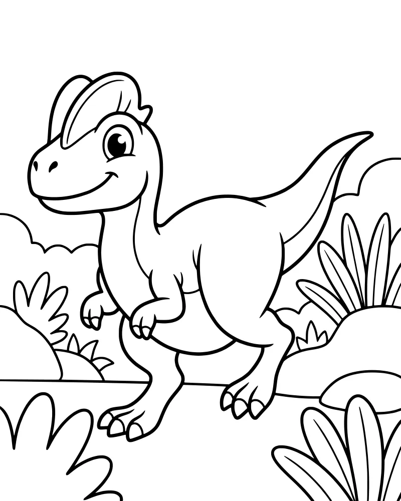 A happy cartoon dinosaur with a head crest standing in a prehistoric landscape with rocks, plants, and clouds.