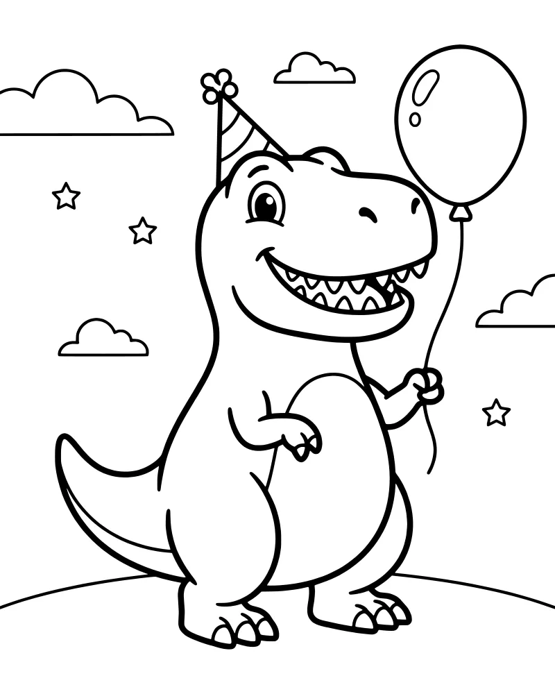A cartoon dinosaur wearing a polka-dot party hat and holding a balloon on a hill under clouds and stars.