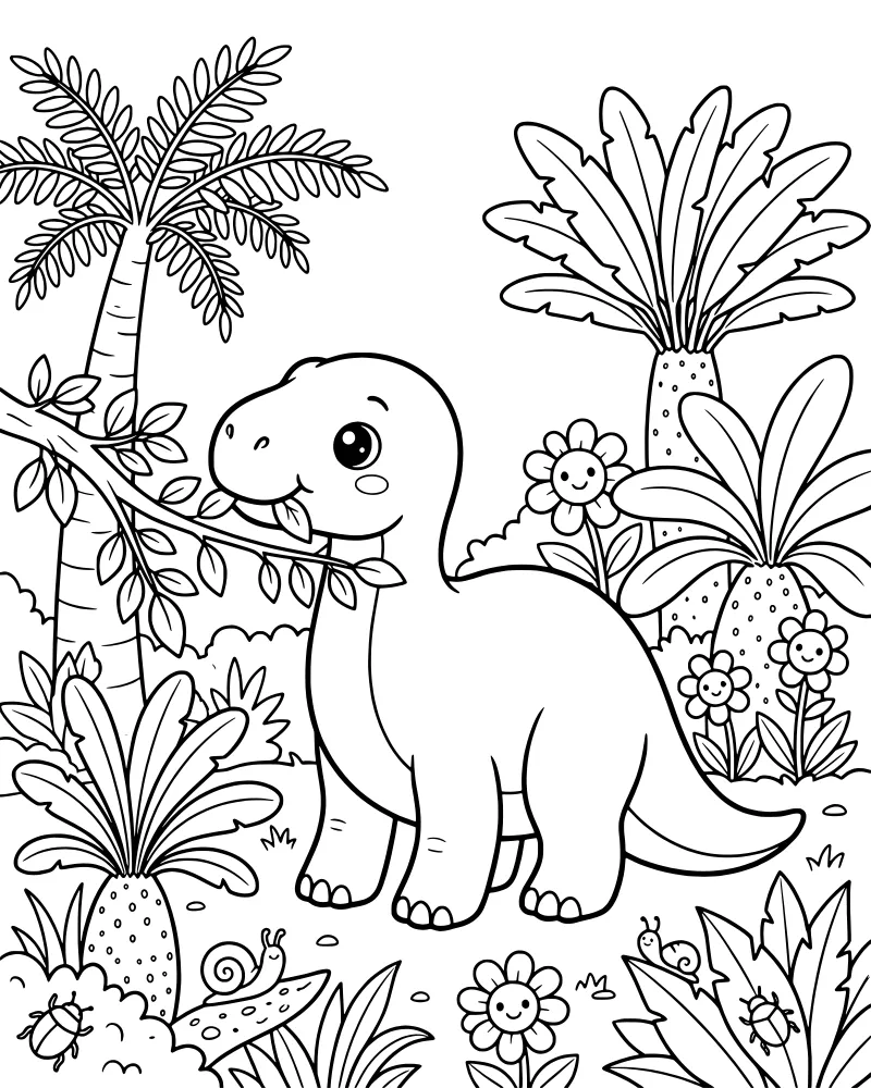 A cartoon dinosaur eating leaves in a jungle with palm trees, smiling flowers, a snail, and beetles.