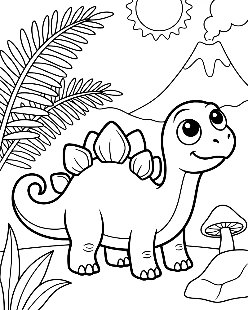 A smiling cartoon dinosaur stands in front of an erupting volcano with a sun and clouds in the sky.