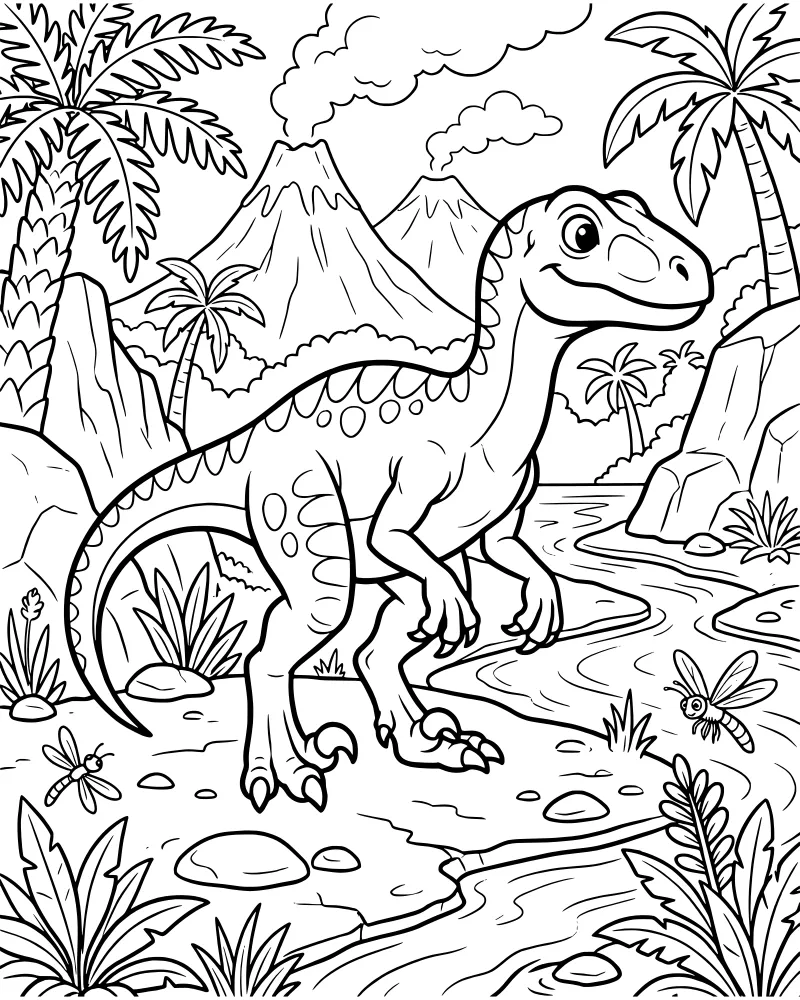 A cartoon dinosaur stands by a river with erupting volcanoes, palm trees, and a dragonfly in a prehistoric landscape.