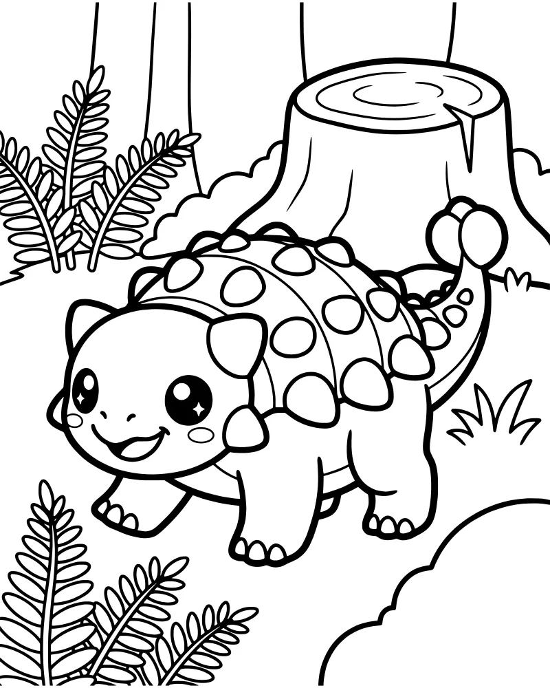 A cheerful cartoon dinosaur walks through a forest clearing next to a tree stump, surrounded by ferns and tall trees.