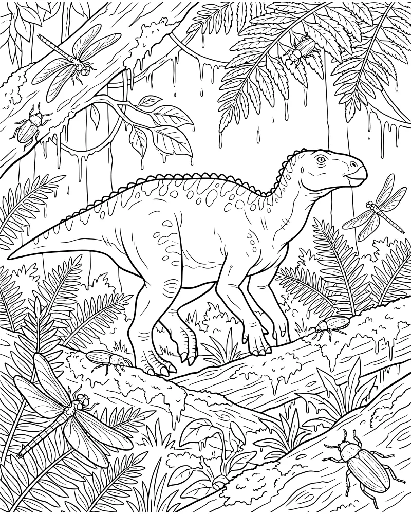 A cartoon Iguanodon dinosaur walking on mossy logs in a prehistoric jungle with ferns, vines, and dragonflies.