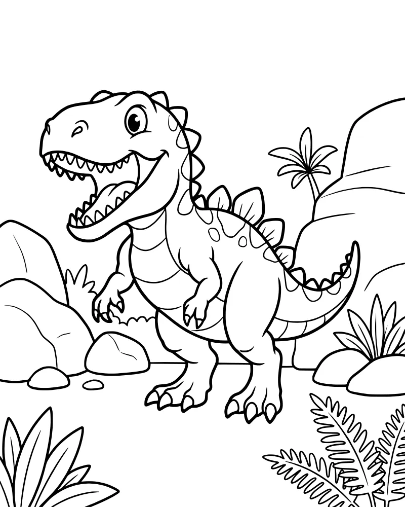 A cartoon Tyrannosaurus Rex with spots and spiky plates stands in a prehistoric landscape with a palm tree, ferns, and rocks.