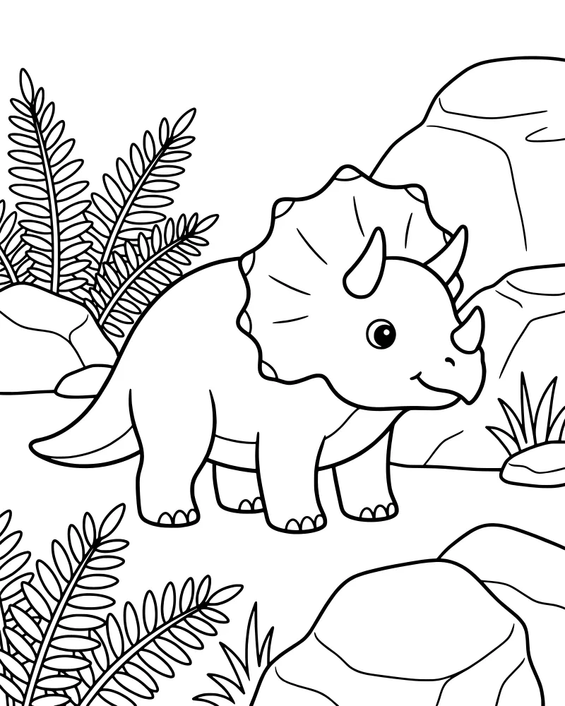 A cartoon triceratops dinosaur standing in a prehistoric field with ferns and rocks.