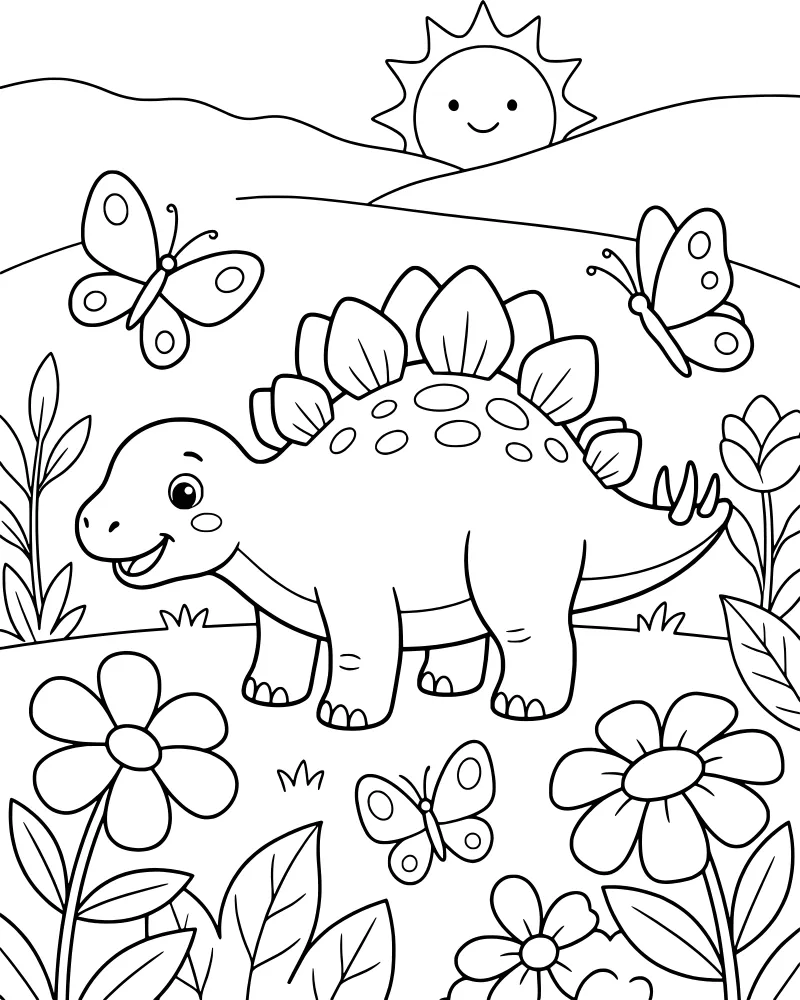 A happy cartoon dinosaur standing in a field of flowers and grass with butterflies and a smiling sun in the background.