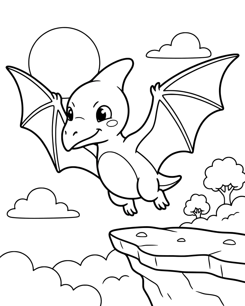 A smiling cartoon pterodactyl with large wings flying in a sunny sky near a cliff with trees and small birds.
