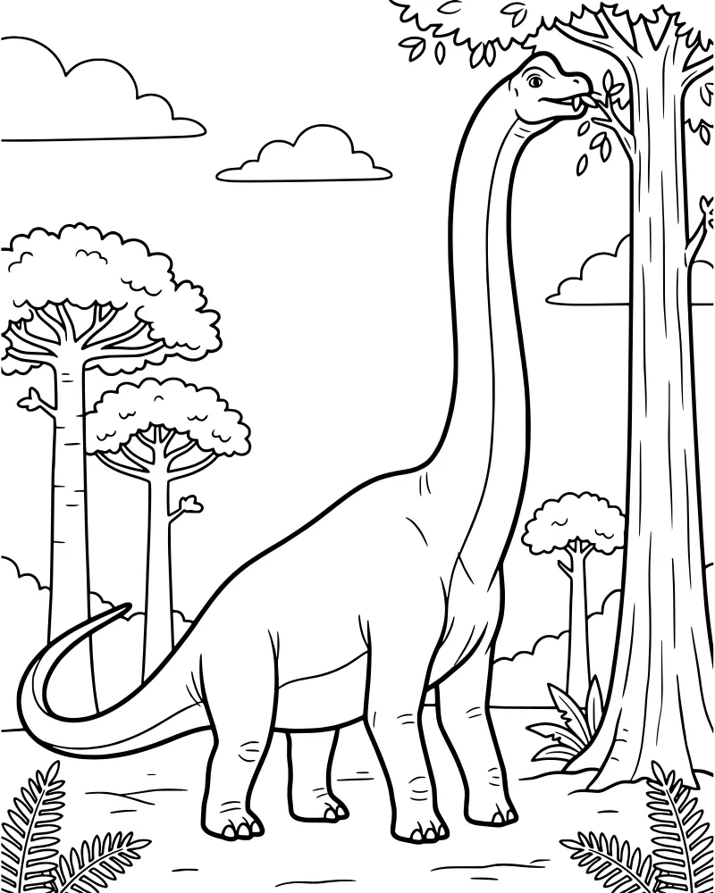 A cartoon Brachiosaurus dinosaur reaching its long neck to eat leaves from a tall tree in a forest with ferns and clouds.